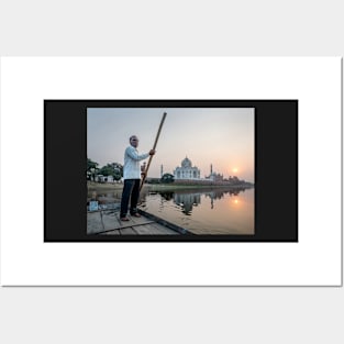 Man Punting Boat on Yamuna River with Taj Mahal Posters and Art